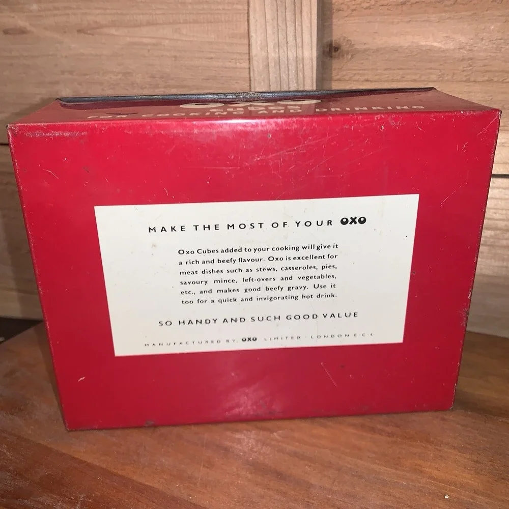 Vintage Old OXO Cubes Red Metal Tin Box & Lid King George VI Collectible Cooking